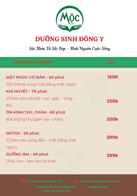 MENU MỘC SPA ĐÔNG Y DƯỠNG SINH