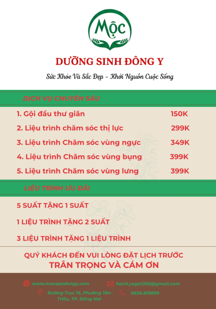 MENU MỘC SPA ĐÔNG Y DƯỠNG SINH